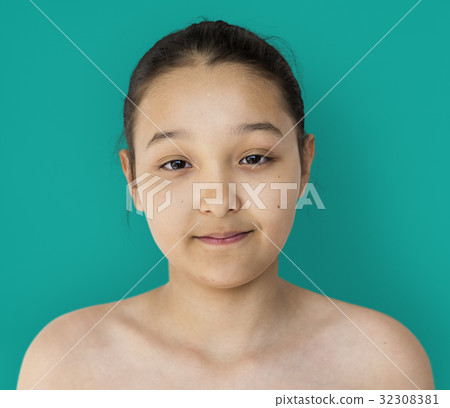 Little girl smiling bare chest studio portrait 32308381