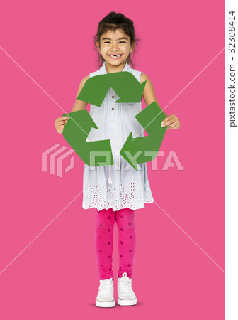 Ecology little girl holding recycle symbol 32308414