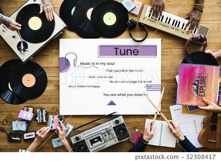 Workers working on billboard network graphic overlay on table 32308417