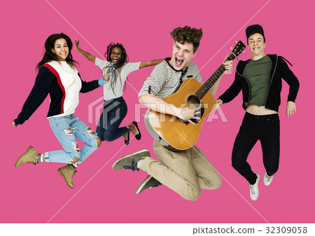 Young Adult People Jumping with Guitar Studio Portrait 32309058