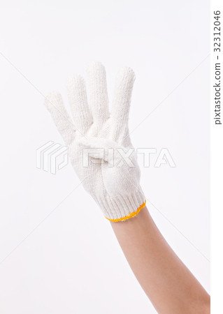 worker hand pointing up four fingers, cotton glove 32312046
