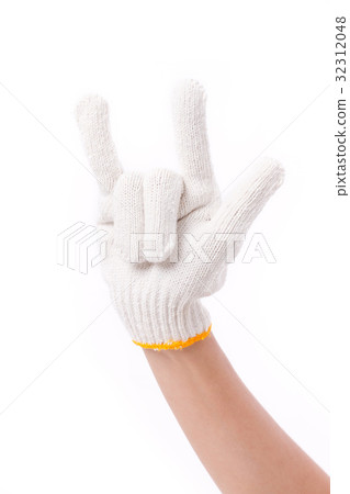 worker hand showing love gesture with glove 32312048