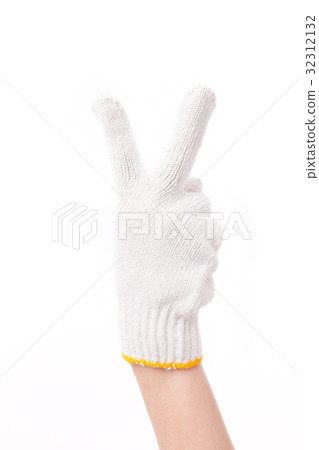 worker hand showing backhand v sign 32312132