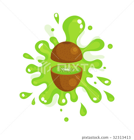 Sliced kiwi juice splashing, colorful fresh juicy 32313413