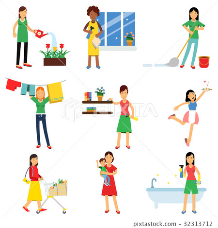 Modern housewife in housework activity set Modern housewife in housework activity set 32313712