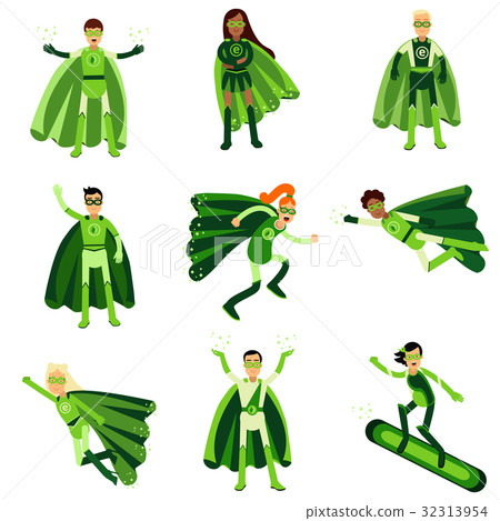 Young people in green eco superheroes costumes set 32313954