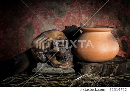 Human skull on old wood background, still life Human skull on old wood background, still life 32314732