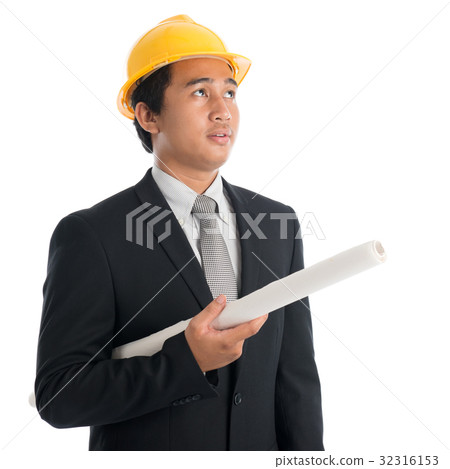 Asian man with safety helmet and blue prints Asian man with safety helmet and blue prints 32316153