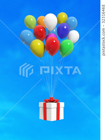 Balloons with gift box on the blue sky. 32316468