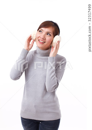 happy, smiling, positive asian woman looking up happy, smiling, positive asian woman looking up 32317499