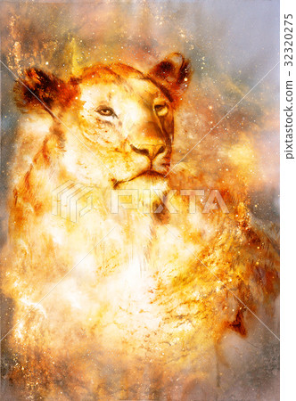beautiful painting of lioness in floating space 32320275