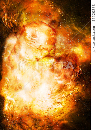 Lioneass and little lion cub in cosmic space. 32320288