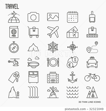 Travel and vacation related thin line icons Travel and vacation related thin line icons 32321049
