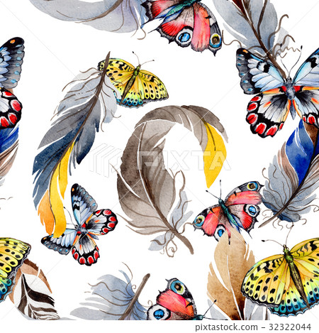 Watercolor bird feather from wing pattern. 32322044