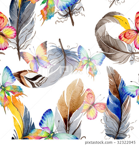 Watercolor bird feather from wing pattern. 32322045