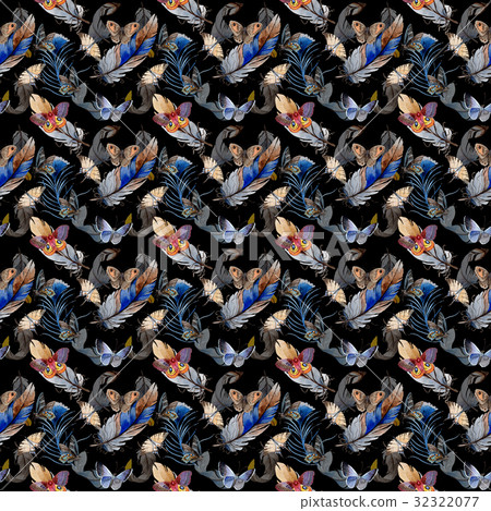 Watercolor bird feather from wing pattern. 32322077