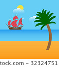 Boat on beach with palm and clouds. Vector 32324751