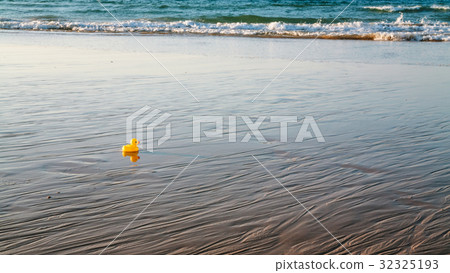 toy duckling on beach during evening ebb 32325193