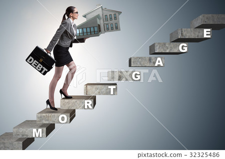 Businesswoman in mortgage debt financing concept Businesswoman in mortgage debt financing concept 32325486