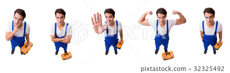 Funny repairman with tools isolated on white 32325492
