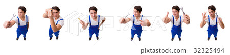 Funny repairman with tools isolated on white Funny repairman with tools isolated on white 32325494