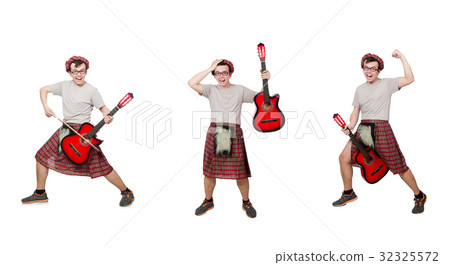 Scotsman playing guitar isolated on white 32325572