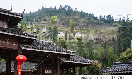 cableway and gate of Dazhai village in spring cableway and gate of Dazhai village in spring 32326131