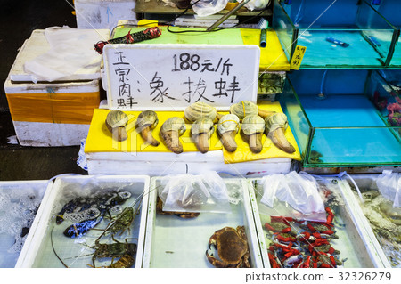 geoduck and crabs in fish market in Guangzhou city 32326279