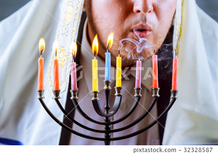 Jewish Holiday Hanukkah menorah and man backgroun  32328587