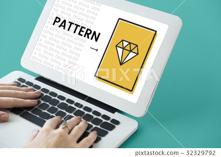 Hands working on laptop network graphic overlay 32329792