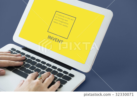 Hands working on laptop network graphic overlay 32330071