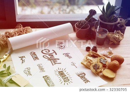 Painting paper words icons design cactus plants on a wooden table Painting paper words icons design cactus plants on a wooden table 32330705