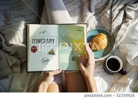 Hands working on notebook network graphic overlay 32330926