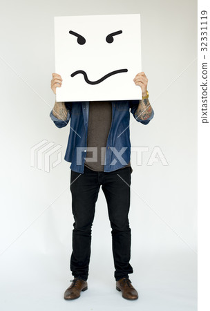 Illustration of agressive madness face on banner 32331119