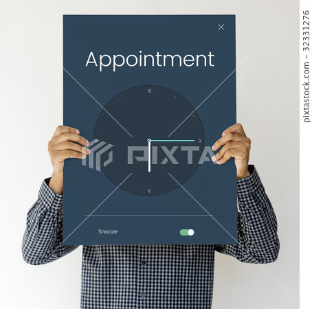 Man holding board cover his face with time icon Man holding board cover his face with time icon 32331276
