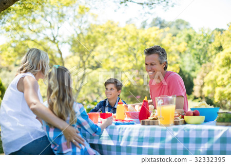 Happy family interacting with each other while having meal in park 32332395