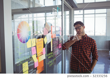 Thoughtful businessman looking at adhesive notes in creative office 32333256