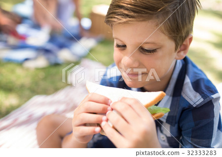 Boy having sandwich in picnic at park 32333283