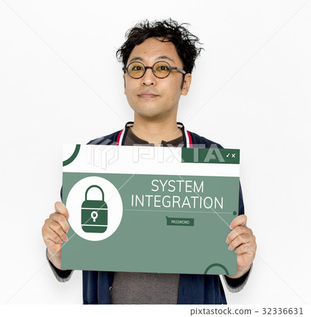Man holding banner with illustration of computer security system Man holding banner with illustration of computer security system 32336631
