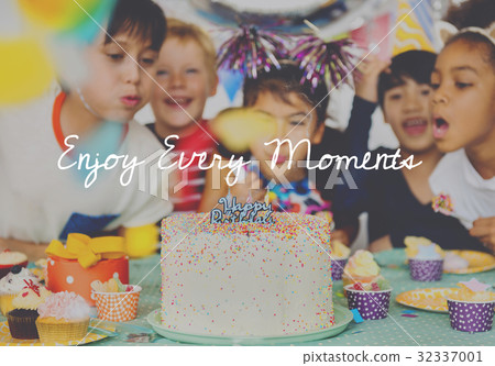 Group of diverse children blowing birthday cake together Group of diverse children blowing birthday cake together 32337001