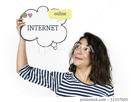Woman holding network graphic overlay chat box Woman holding network graphic overlay chat box 32337005