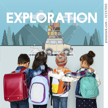 Children with illustration of discovery journey road trip traveling Children with illustration of discovery journey road trip traveling 32337093
