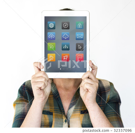 Hands holding network graphic overlay digital device covering face Hands holding network graphic overlay digital device covering face 32337096