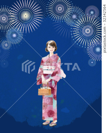 煙花和浴衣美麗的女人 32342564