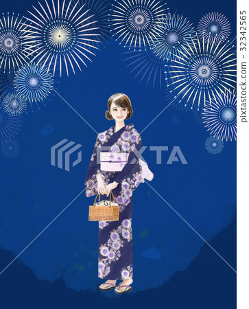 煙花和浴衣美麗的女人 32342565