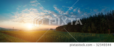 Panorama of the sunrise on the spring field 32349344