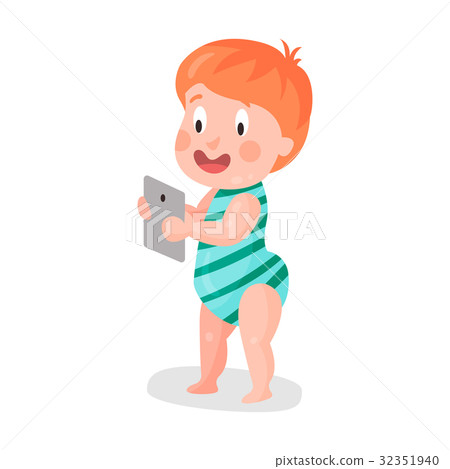 Cute cartoon toddler boy standing with smartphone 32351940