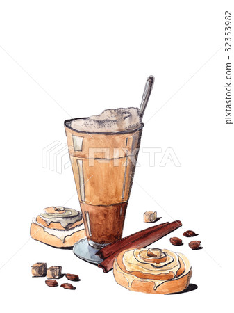Latte with cinnamon rolls 32353982