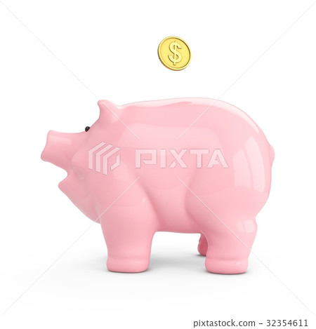 3D rendering pink piggy bank and coin isolated 32354611