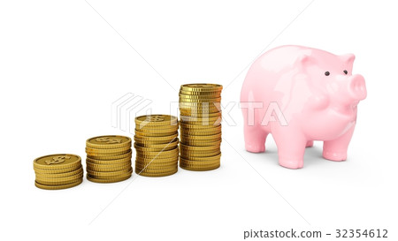 3D rendering pink piggy bank and money tower 32354612